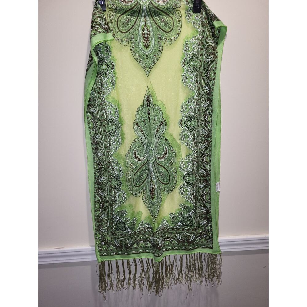Lime Green Scarf Paisley & Sheer. Sparkling 17" X 60" Made in Jerusalem